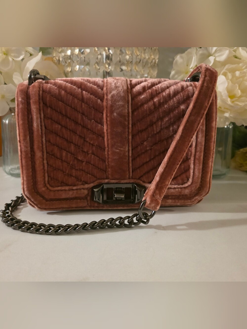 Rebecca Minkoff Quilted Velvet Crossbody in Dusty Rose